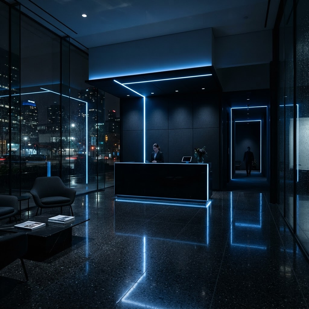 Escritório moderno da NovalX com iluminação azul